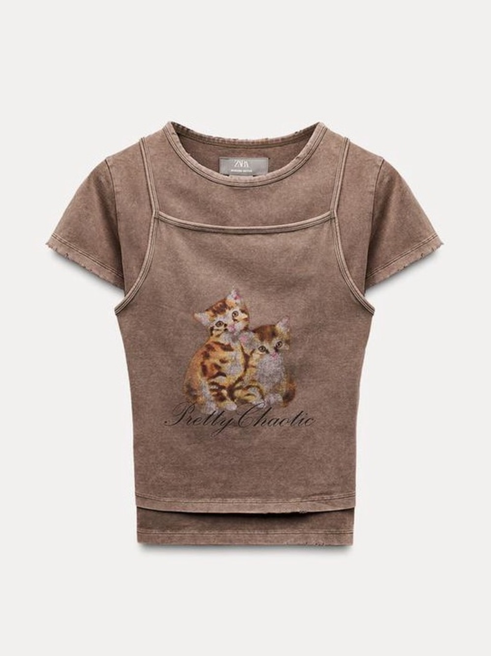 Zara Brown Graphic Kitten Short Sleeve Tee